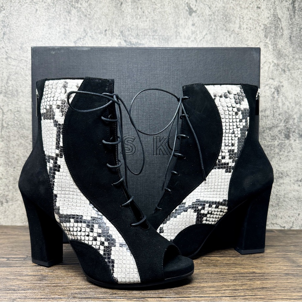 ASKA snake print leather heeled boots, Hutton suede boots, size 36.5